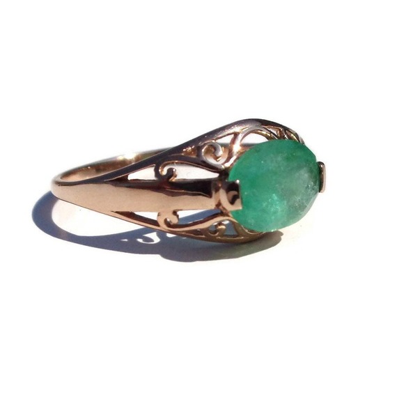14K Rose Gold Emerald Ring, Natural Green Emerald Gemstone Ring Size 7.5 1.15ct - Picture 3 of 9